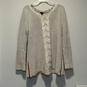 Talbots Womens Sweater Large 100% Cotton Oatmeal Cable Knit Zipper Sides Comfort